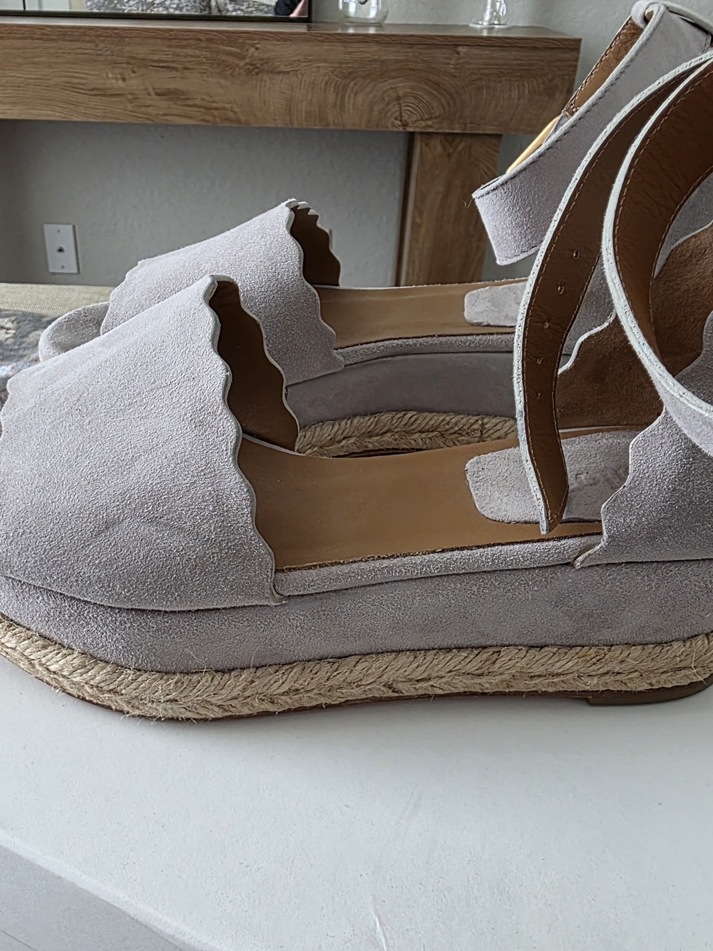 Chloe Women’s Scalloped Espadrille Wedge Sandals in Elephant Gray - Picture 4 of 11